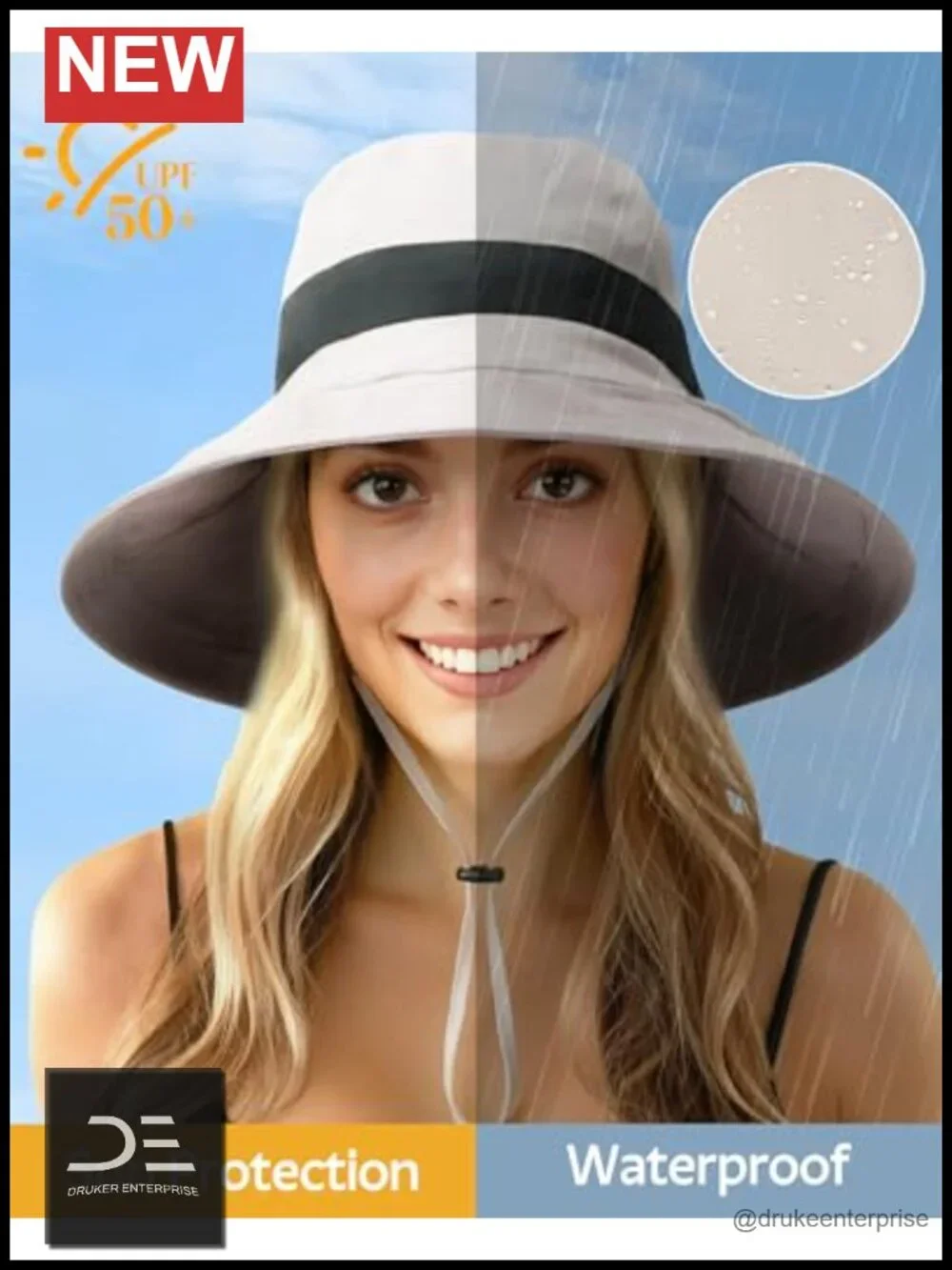 Waterproof Wide Brim Sun Hat with Ponytail Hole, UPF 50+